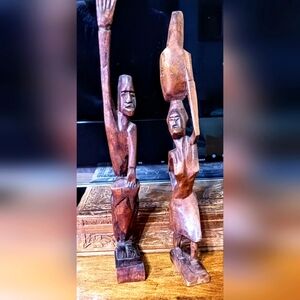 African Hand Carved Drummer Man and Womean Bucket Holder 12 Inches Tall